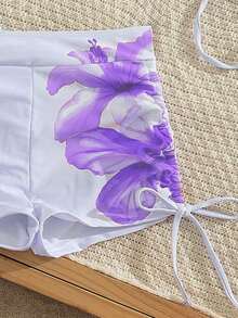 新盛源3件套欧美时尚新年/情人节泳装，可拆卸胸垫，可爱休闲露背吊带比基尼套装，芙蓉花印花，薄纱上衣，奢华性感优雅显瘦，适合海边沙滩派对，侧边抽绳褶皱三角裤，时尚泳装。夏季假期 - 彩色 - 查看 4