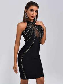 Women's Sexy Spaghetti Strap Mini Bandage Cocktail Dress, Backless Knit Camisole For Party And Celebration - Black - View 1
