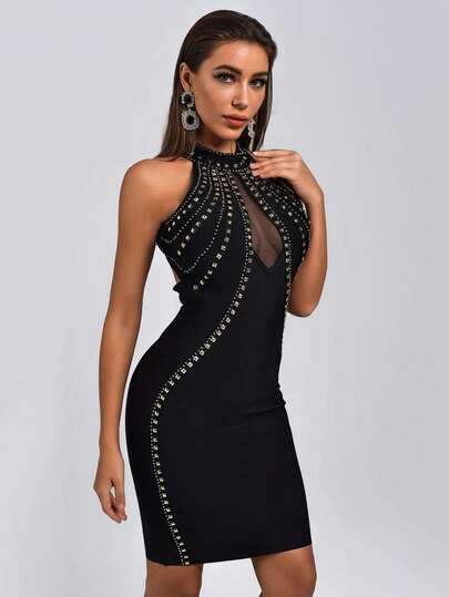 Bernatova 女士性感吊带迷你绷带鸡尾酒裙，露背针织吊带衫，适合派对和庆祝活动