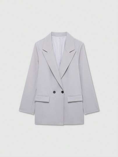 Old Money Women's Loose Fit Double-Breasted Lapel Casual Blazer, Solid Color Long Sleeve, Minimalist Fashion, Suitable For Spring/Autumn/Winter