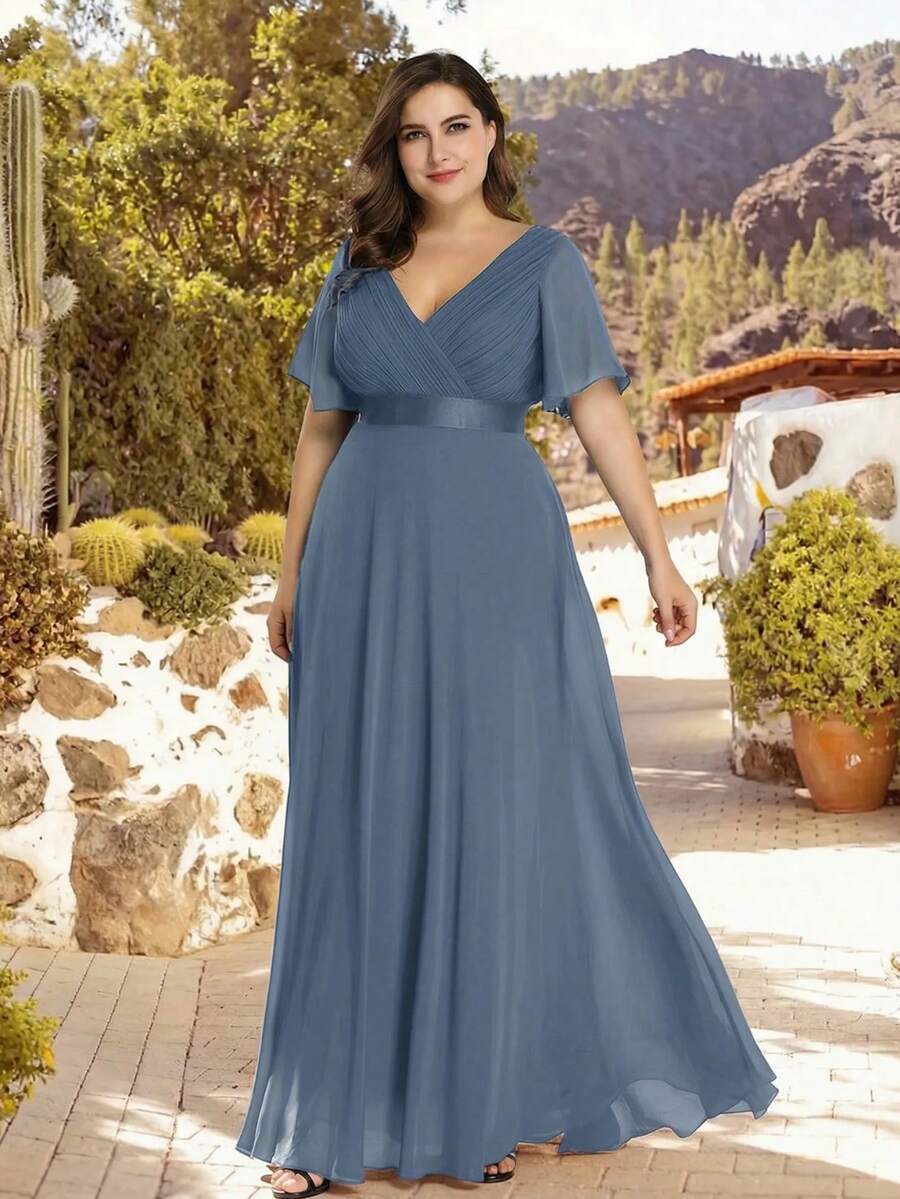 EVERPRETTY Đầm phù dâu cỡ lớn màu xanh nhạt thanh lịch cổ chữ V xếp ly, đầm dự tiệc cưới mùa xuân/hè, đầm dự tiệc trang trọng.