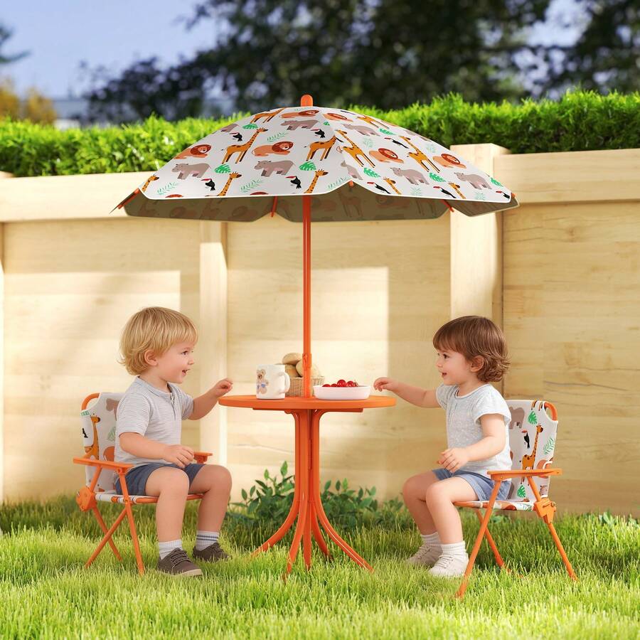 AIYAPLAY Children Table And Chair Set, Kids Patio Set With Umbrella - Orange - View 1