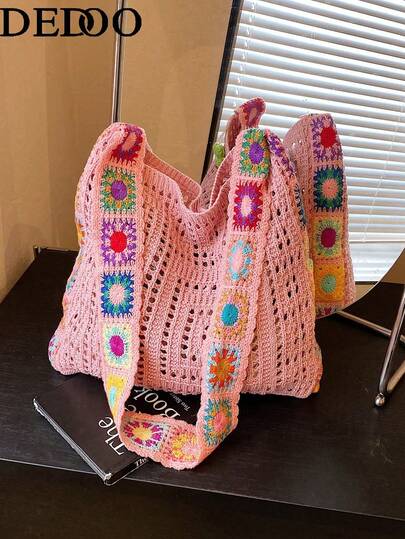 Dedoo Fashionable Best-Selling Bohemian Style Colorful Crossbody Bag, Made With Hollow Weaving Technique, Grandma's Plaid Crochet Pattern, Vintage Handmade Feel And Summer Vibe. Large Capacity, Suitable For Commuting, Beach Vacation Or Music Festival, Boho