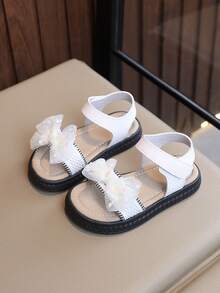Girls' Sparkly Mesh Bow Sandals – Adjustable Ankle Strap, Breathable Lace Upper, Soft Padded Footbed, Non-Slip Sole For Summer Casual & Party Wear - White - View 2
