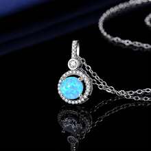 优雅波西米亚圆形合成蛋白石海蓝宝石锆石吊坠项链，精致奢华锁骨链饰品，送给她的礼物 - 澳寶圓墜項鍊 - 查看 4