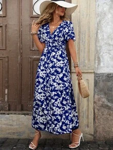 Floral Polyester Midi Dress With Slit, V-Neck, And Elasticated Waist - Spring/Summer Fashion - 藍色 - 查看 6