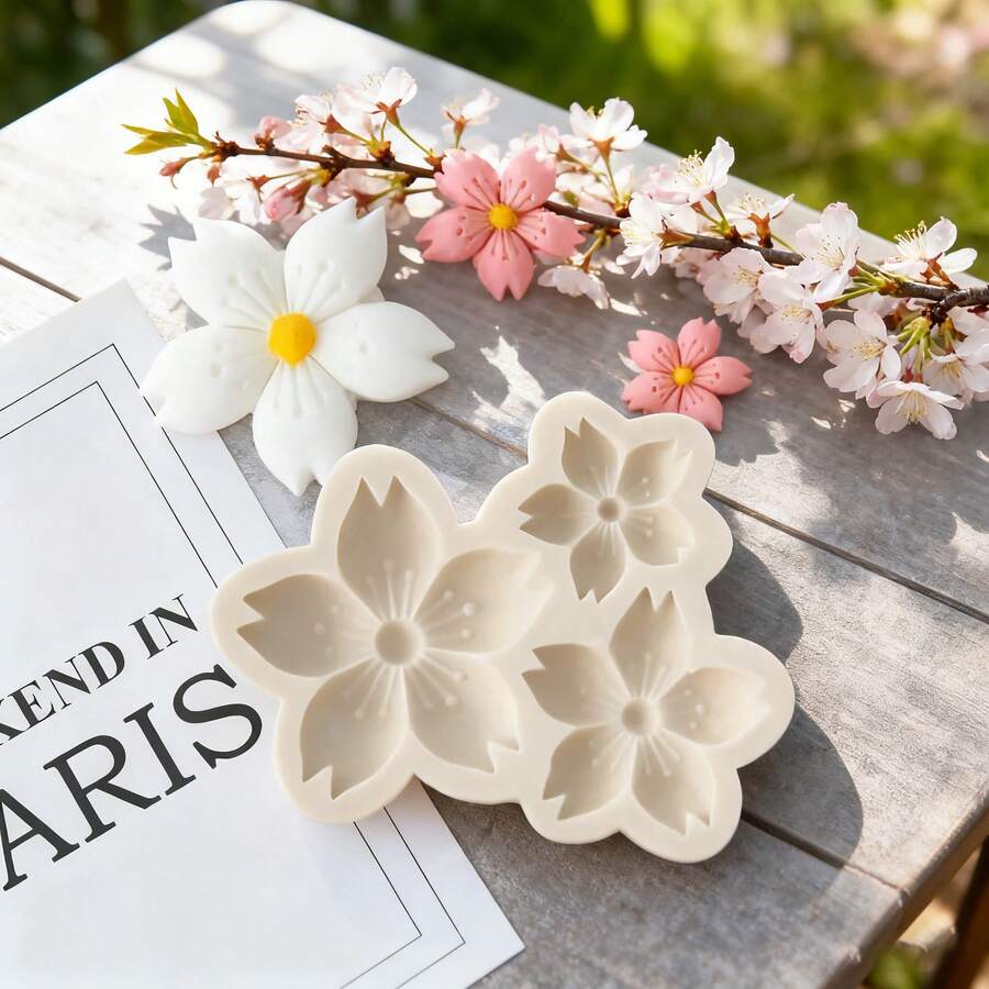 1pc Gray Cherry Blossom Shaped Silicone Mold Handmade Cherry Blossom Shaped, Clay, Candle, Easy Demolding, Reusable Silicone Mold. - Beige - Three Cherry Blossoms - View 1