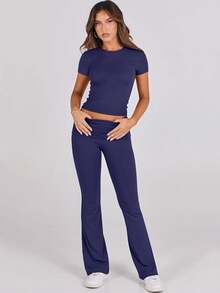 Lounge Sets For Women 2 Piece Foldover Yoga Flare Leggings Pants Crop Tops Casual Y2K Outfits Matching Tracksuit Set - 藏蓝色 - 查看 1