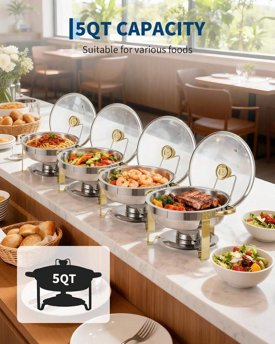 5QT 4 Packs Chafing Dish Buffet Set Gold Accent,  Round 316 Stainless Steel Buffet Warmer Chafers And Warmers Sets With Glass Lid & Lid Holder For Valentine's Day Gatherings Catering Events Parties Weddings Dinners - Nắp kính mạ vàng một phần với họa tiết hoa mai. - Xem 1