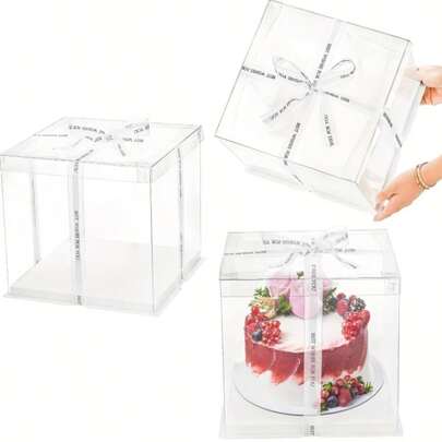 Kurdeleli 3 Adet Uzun Şeffaf Pasta Taşıma Kutusu - PET Şeffaf Kare Pasta Kutuları, Açılır Kapaklı, Tek Kullanımlık, Dondurucuya Uygun, Doğum Günü, Düğün, Tatlı Sunumu İçin