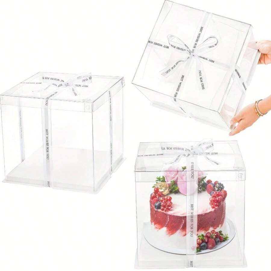 3个装高款透明蛋糕盒，带丝带 - PET材质透明方形蛋糕盒，翻盖式封口，一次性使用，可冷冻，适用于生日、婚礼、甜点展示 - 白色 - 查看 1