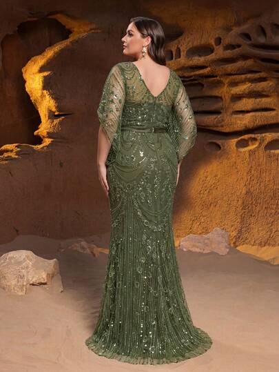 Faeriesty This Elegant And Luxurious Mermaid Evening Gown Features A Deep V-Neck, Semi-Sheer 3/4 Sleeves With Wide Sleeve Details, Adorned With Shimmering Sequins And Beading, With A Waist Belt And Front Slit Mermaid Skirt - An Ideal Choice For Weddings, Red Carpet Events, Galas And Formal Soirees.