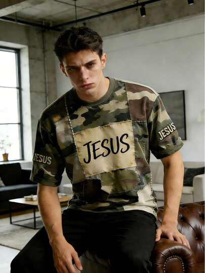 Áo thun nam cổ tròn tay ngắn in họa tiết rằn ri 3D kiểu vintage sờn cũ - Thiết kế hình Chúa Giê-su.