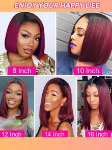 优雅渐变黑红短款波波头假发，女士款，8-14英寸，T字分缝，完美适合日常佩戴和角色扮演，派对假发，彩色直发波波头，可调节绑带 - S1B/99J - 查看 8