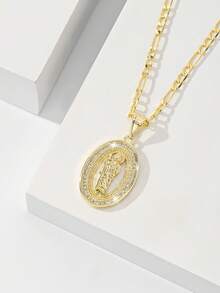 1pc Classic European And American Copper Inlaid Zirconia Guardian Angel Pendant Necklace, Suitable For Christmas/Thanksgiving/Halloween/Mother's Day/Valentine's Day Gifts For Couples/Friends/Churchgoers, Catholic First Communion, Gifts, Daily And Holiday Wear For Prayer - Yellow Gold - View 6