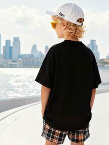 Disney Co-Branded Mickey Mouse Silhouette Print T-Shirt, Boys' Breathable Cotton Versatile Short Sleeve Top - 黑色 - 查看 2