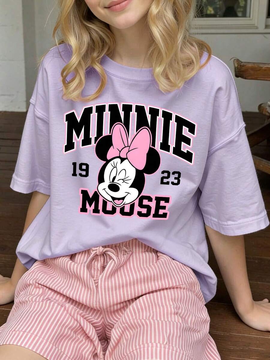 Disney Playful Minnie Mouse Bow Print T-Shirt, Girls' Lavender Preppy Style Loose Cotton Short Sleeve Top - Màu tím hoa cà - Xem 1