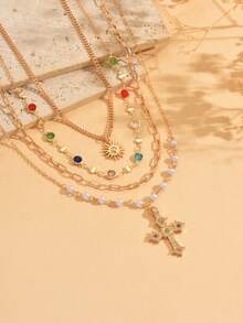 4pcs/Set Glass Crystal Handmade Chain Necklace, Minimalist Cross Pendant, Suitable For Daily Wear And Photography, Random Glass Crystal Arrangement, Adjustable Chain Length - Gold - View 3