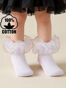 1 Pair Girls' Solid Color Cotton Thin Mesh Ankle Socks, School Style, Suitable For Spring/Summer, Princess Lace Trim - White - View 9