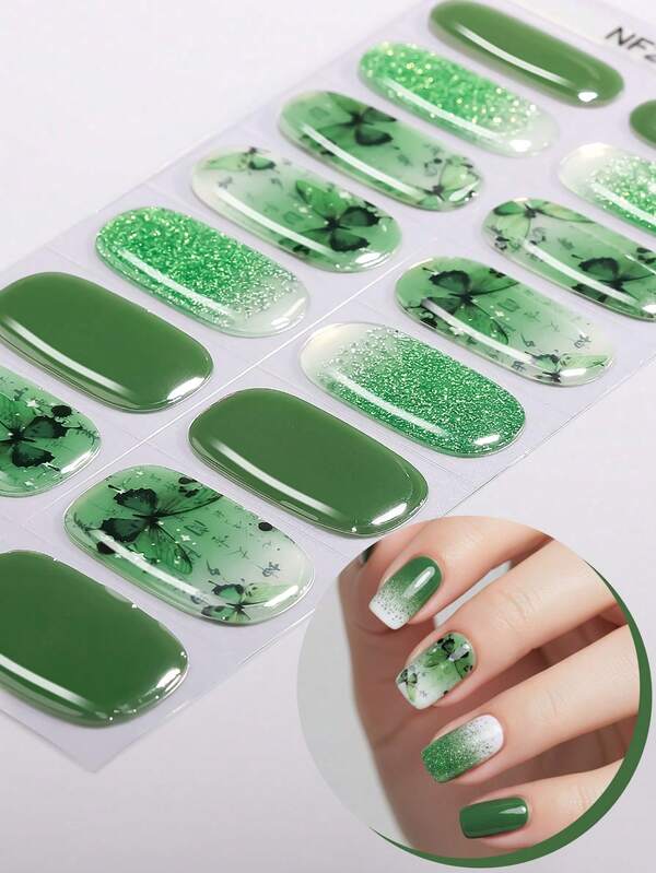 16Pcs Semi-Cured Gel Nail Stickers, Green Chinese-Style Butterfly Sequins. UV Nail Stickers Require Use With UV Lamp. Easy To Apply And Remove, Suitable For Women's Home DIY Manicure. Nails Nail Supplies