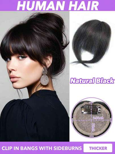 2x2.5 Inch Human Hair Bangs Natural Brown Wispy Bang Hair Clip In Bangs Fringe With Temples Hairpiece For Women Clip On Air Bang 8 Inch, Perfect For Women & Girls, Daily Use, Party Hair Accessory(Black#1 Natural Black#1B Dark Brown#2 Light Brown#4)