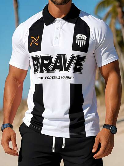 Men's Retro Black & White Brave Stripe Print Polo Shirt, Football Inspired Casual Wear, Rugby Style Sports Top, Suitable For Fashionable Street Style