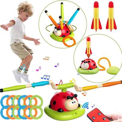3 In 1 Musical Jumping Toy Kit, Ring Toss Game, Rocket Launcher, Garden Sport Games With Remote Control, Fun Ladybug Toys Outdoor Indoor Party Games, Gift For Girls Boys