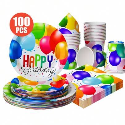 白色背景，配以彩色气球、生日快乐一次性餐盘、餐巾纸和纸杯。一次性派对用品套装，适合25位客人。一次性纸盘和餐具，适用于生日派对、婚礼派对、家庭野餐等场合。