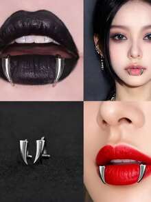 [1-Piece Stainless Steel Fangs Lip Ring]No-Piercing Clip-On Gothic Lip Jewelry For Vampire-Themed Parties, Halloween Costumes, Cosplay Events, Concerts, Night Out Dares, And Alternative Fashion Looks | Perfect Gift For Girlfriend, Wife, Best Friend, Sister, Or Daughter On Valentine's Day, Anniversaries, Birthdays, Or Graduations - 銀色 - 查看 6