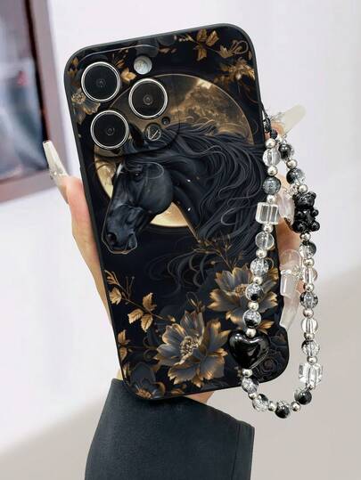 Black Horse Hollow Edge Black Painted + Chain Material Shockproof Phone Case Compatible With IPhone 17pro/17Air /17/17promax16/11/16pro/16plus/16promax/16e/15Promax/13/14/12/XS/XR/7G/8P, Compatible With Samsung Galaxy 11/12Pro/12/12X/13Pro/14Pro/15Pro/, Compatible With Redmi 10/9/Note9/12c/Note11pro/Note8Pro Anti-Drop Phone Protective Cover