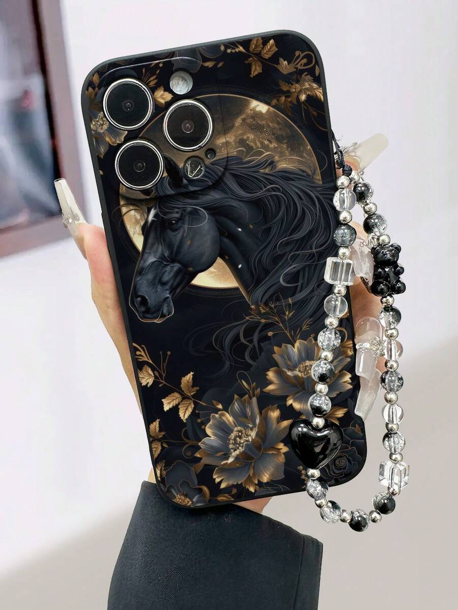 Black Horse Hollow Edge Black Painted + Chain Material Shockproof Phone Case Compatible With IPhone 17pro/17Air /17/17promax16/11/16pro/16plus/16promax/16e/15Promax/13/14/12/XS/XR/7G/8P, Compatible With Samsung Galaxy 11/12Pro/12/12X/13Pro/14Pro/15Pro/, Compatible With Redmi 10/9/Note9/12c/Note11pro/Note8Pro Anti-Drop Phone Protective Cover - Multicolor - View 1