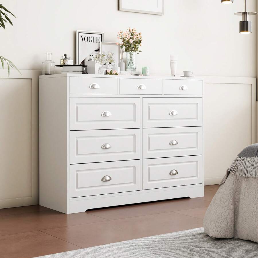 JAMFLY Drawer Double Dresser, Wooden Dresser For Bedroom, Wide Chest Of Drawers With Metal Handles, Storage Organizer Dresser, Nursery Dresser, TV Stand Storage Chest For Living Room, Hallway - 9抽屜-白色 - 查看 1