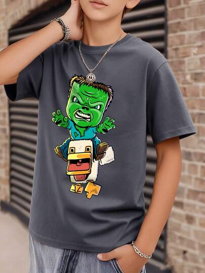Camiseta de manga corta con estampado casual para niños adolescentes, estilo streetwear suave y cómodo, camiseta de cuello redondo con patrón de dibujos animados para niños, adecuada para primavera/verano, ropa para adolescentes, camiseta de ocio para niños