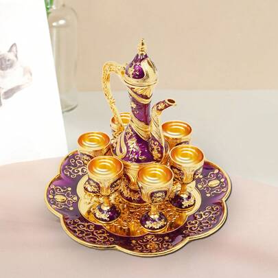 Coffee Pot And Cups Set,Tea Service Set Including Teapot,Tea Tray And Metal Cups For Wine Cabinet Decor,Wedding Ornaments