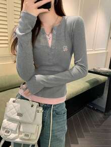 Women's 2 In 1 Contrast Color Fitted Half-Collar Long Sleeve T-Shirt - Grey - View 5