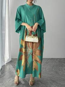 1 chiếc váy Abaya Ả Rập dáng rộng dành cho nữ, họa tiết in màu xanh lá cây, cổ đứng, cài khuy đơn, tay raglan, dài đến mắt cá chân, váy mặc thường ngày, áo choàng Ả Rập thanh lịch, váy dạ hội sang trọng cho kỳ nghỉ, trang phục Ả Rập. - màu xanh lá - Xem 4