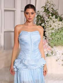 女士优雅无肩带缎面褶皱长裙，荷叶边下摆 - 性感无袖正式礼服，适合婚礼宾客、正式晚宴、盛大晚宴及其他场合 - 淺藍色 - 查看 8