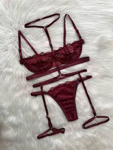 Mit. Lingerie Sexy Gringa Set: Underwire Bra And Adjustable Panties + Full Garter Belt - Burgundy - View 1