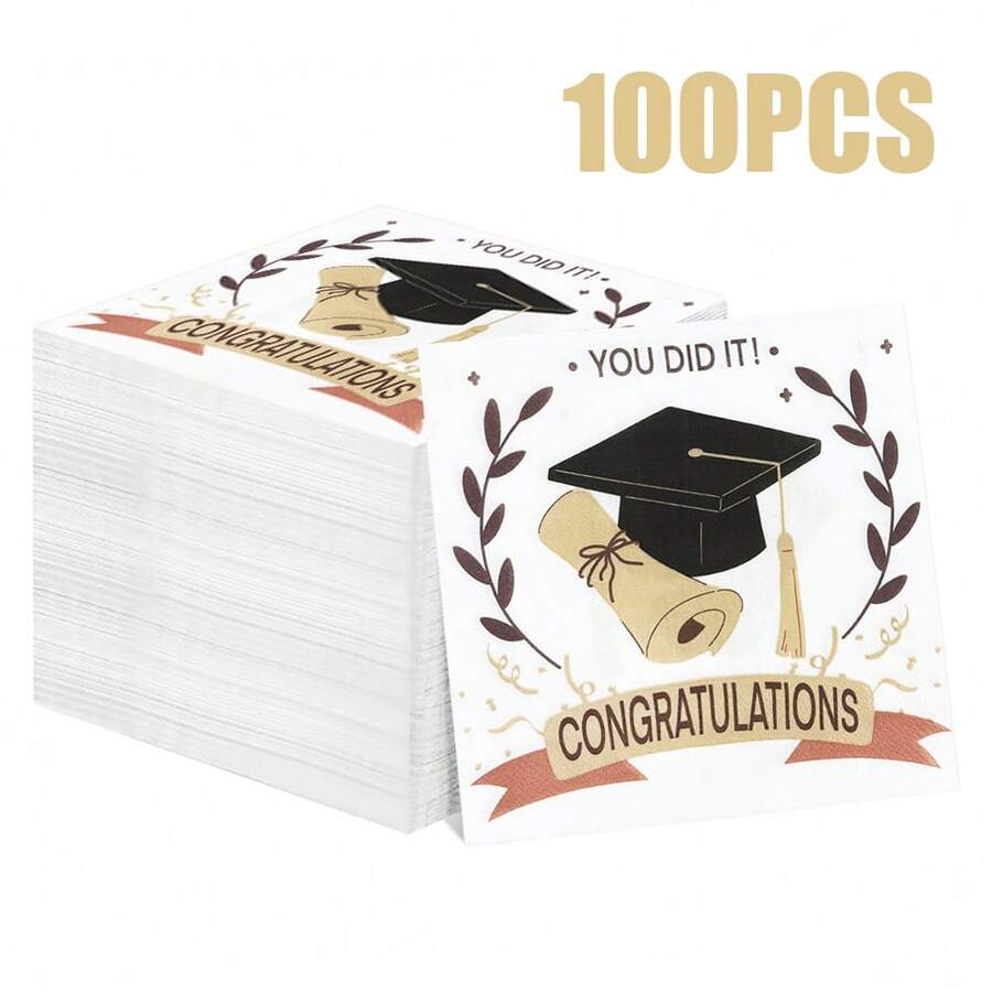 100/60/20pcs 13 * 13 Inch Disposable Graduation Season Party Napkins, Exquisite Graduation Hats And Scroll Patterns, Paired With The Warm Word "Congratulations", Used For Graduation Season Parties, Graduation Celebrations, Family Gatherings, And Restaurant Decoration Napkins