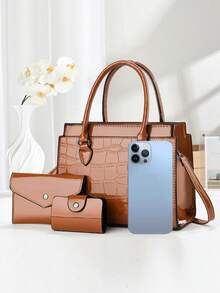 Bộ 3 túi xách thời trang họa tiết da cá sấu thanh lịch, túi đeo vai đa năng dung tích lớn, thiết kế thời trang, túi vuông nhỏ thời trang mới dành cho nữ, túi đeo vai/đeo chéo nhiều lớp đa năng dung tích lớn, thích hợp làm quà tặng ngày Valentine, du lịch, mua sắm, túi tote đeo vai/đeo chéo phối màu thời trang mới dành cho nữ, túi đeo vai/đeo chéo dung tích lớn phong cách thường ngày. - màu nâu - Xem 3