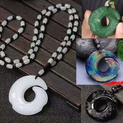 Fashionable European And American Urban Personalized Creative Hollow Peace Knot Jade Pendant Necklace, High-End White Jade Stone Long Necklace Accessory
