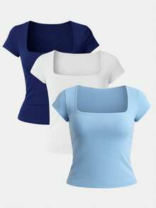 Set Of 3 Women's Short-Sleeve Blouses In Cool Mesh Spandex, Basic Square Neckline - Baby Blue, White and Navy Blue - View 1