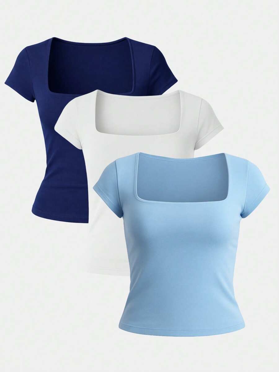 Set Of 3 Women's Short-Sleeve Blouses In Cool Mesh Spandex, Basic Square Neckline - Baby Blue, White and Navy Blue - View 1