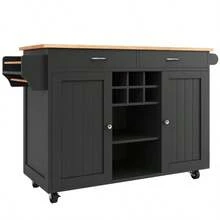 Modern Kitchen Island (102 * 45 * 92 Cm), Kitchen Cabinet, Sideboard, Serving Cart, Wooden Serving Cart, Multifunctional Table With Storage, Blue - Black - View 7