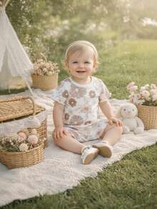 Baby Girl Floral Printed Knit Short Sleeve Top And Shorts Set For Casual Outing - White - View 1