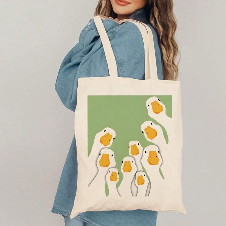Graphic Print Canvas Tote Bag, Large Capacity Reusable Shoulder Bag - Aesthetic Art Illustration, Casual Shopping Bag, Daily Commute Handbag, School Book Carrying Pouch, Sturdy Cotton Fabric, Grocery Holder, Fashion Accessories For Women Girls,Canvas Bag,Shoulder Bag,Handbag,Aesthetic,Graphic Print,Meme,Funny,Library Bag,Laptop Holder,Lightweight,Foldable,Washable,College Essentials,Best Friend Gift. - 白色 - 查看 1