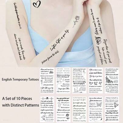 10pcs Unisex Simple Letter English Temporary Tattoos, Waterproof Arm/Face Tattoo Stickers, For Parties, Birthdays, Festivals