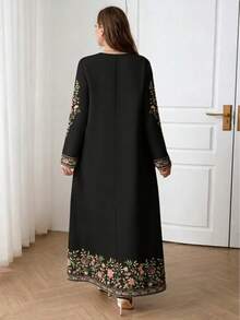 Plus Size V-Neck Printed Vintage Loose Plus Size Long Sleeve Maxi Dress, Suitable For All Seasons Black Spring Elegant - Black - View 2