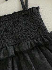 Newborn Baby Girl Denim Romper Dress Sleeveless Tie Up Shoulder Smocked Ruffle Bodysuit Summer Clothes - Black - View 7