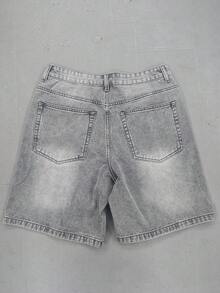 Denim Shorts, Straight Leg Knee Length Shorts, Cotton Ripped Denim Shorts, Casual Streetwear Jeans, Versatile For Daily Commute And Summer Wear - Grey - View 5